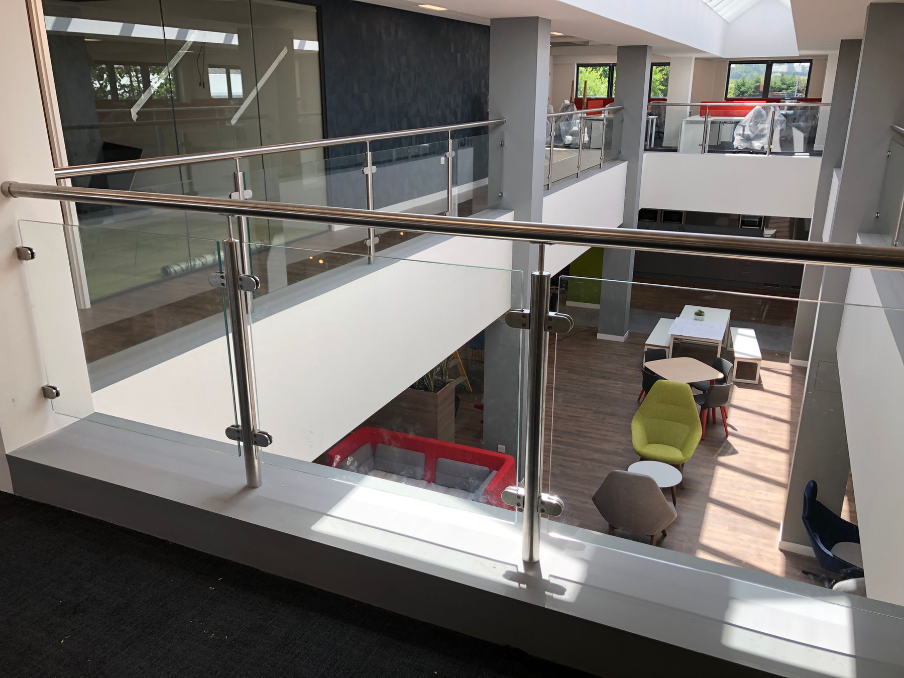 Stainless steel and glass balustrade in office atrium