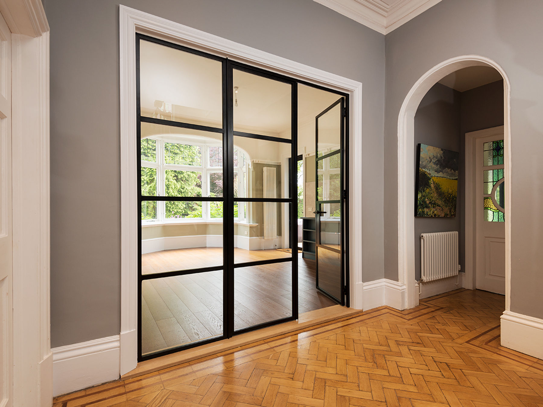 Steel style internal door and glass screen